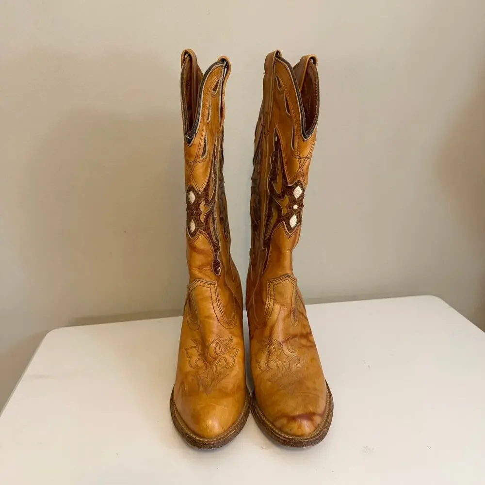 Miss Capezio Vintage Leather Inlay Western Cowboy Boots 8M Brown Festival USA